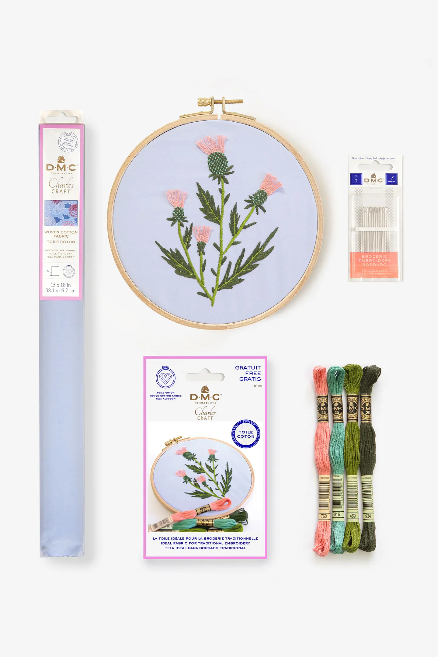 Kit Broderie Point De Croix Motif Chardon RTO - Tissu Aida 16 Blanc, Fils DMC, Dimensions 19 X 25,5 Cm