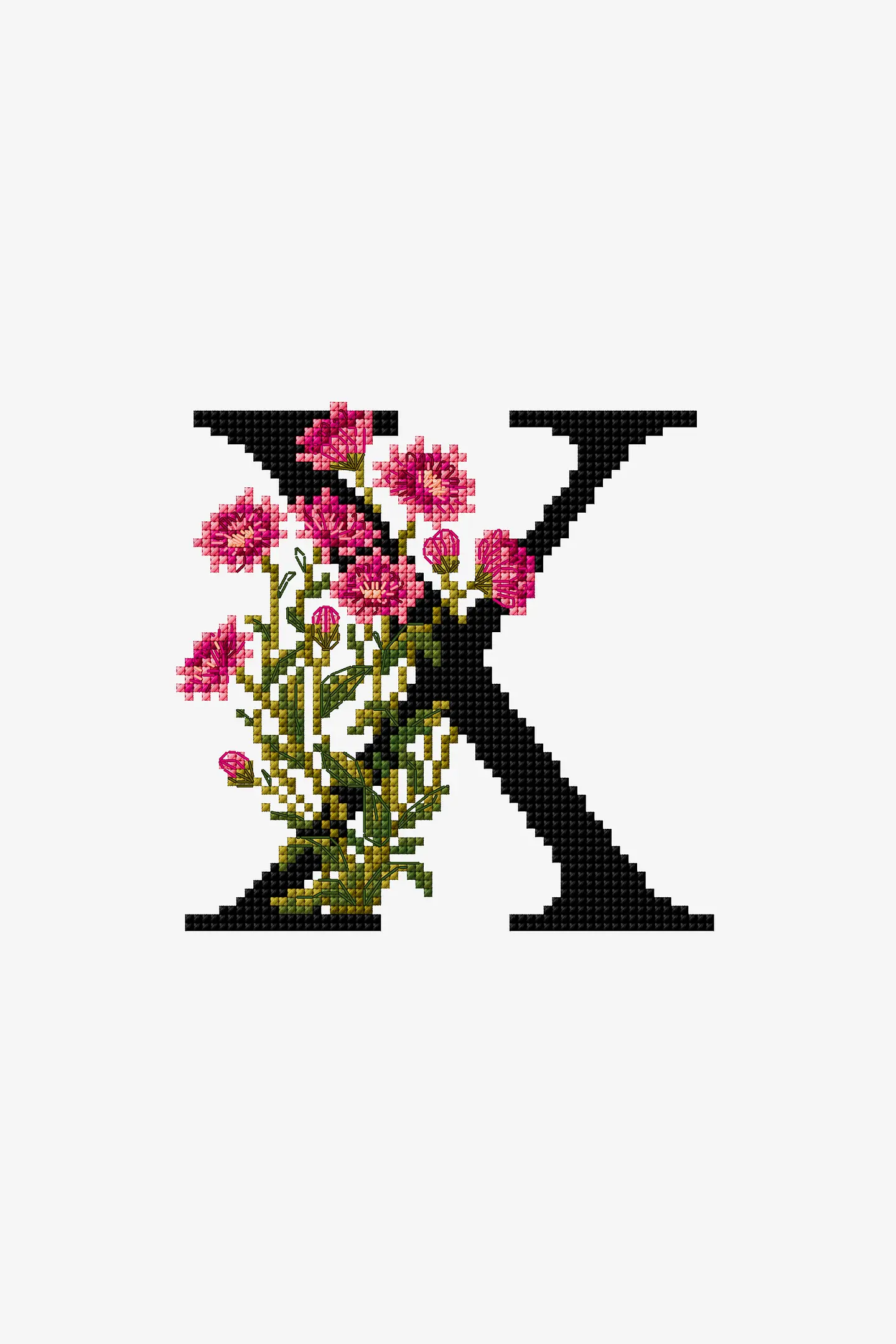 X 花のアルファベット - クロスステッチ図案（中級）